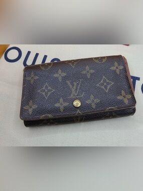 Louis Vuitton Brown Monogram Leather Wallet with Gold Tone Snap